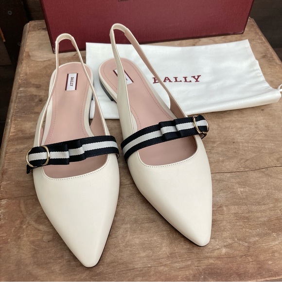 Bally slingback flats ballet flats slides off white & black pointy toe 10.5 - Picture 2 of 14